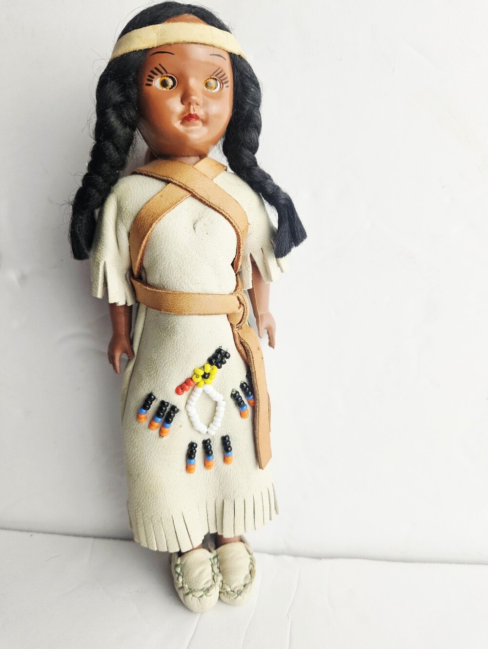 Vintage Native American Indian Doll with Baby Papoose 7" Sleepy Eyes Fringed